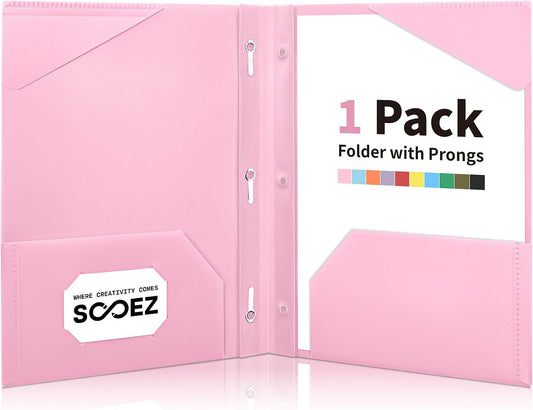 Sooez 1 Pack Plastic Folder, 2-Pocket Folders with Prongs