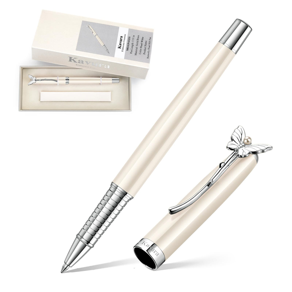 Four-Leaf Clover & Pearl Rollerball Pen for Women,Pearl White