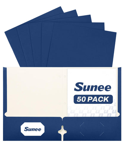 SUNEE Folders with Pockets 3 Hole Punched(50 Pack, Dark Blue), 2 Pocket Folders Fit Letter Size Paper, Paper File Folder for School Office Home Bussiness