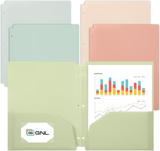 GNL Plastic Folders with Pockets 3 Hole Punched, Pack of 5, 2 Pocket Folders for 3 Ring Binder，Muted Pastel Colors, Heavy Duty Binder Folder for School, Home and Office