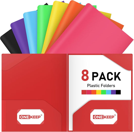 ONEKEE 8 Pack Plastic folders with Pockets – 2-Pocket Document Folders