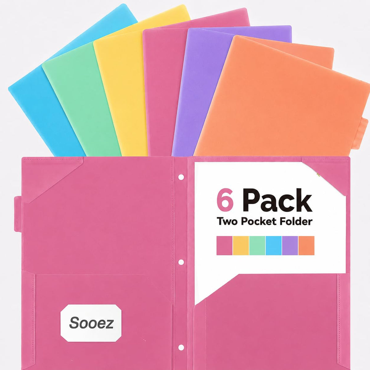 Sooez Plastic Folders with Pockets and Tabs, 6 Pack Pocket Folders with Writable Label Stickers, Fits 3-Ring Binder, Holds Letter/A4 Size Paper, Back to School Office Filing Supplies, Pastel Colors