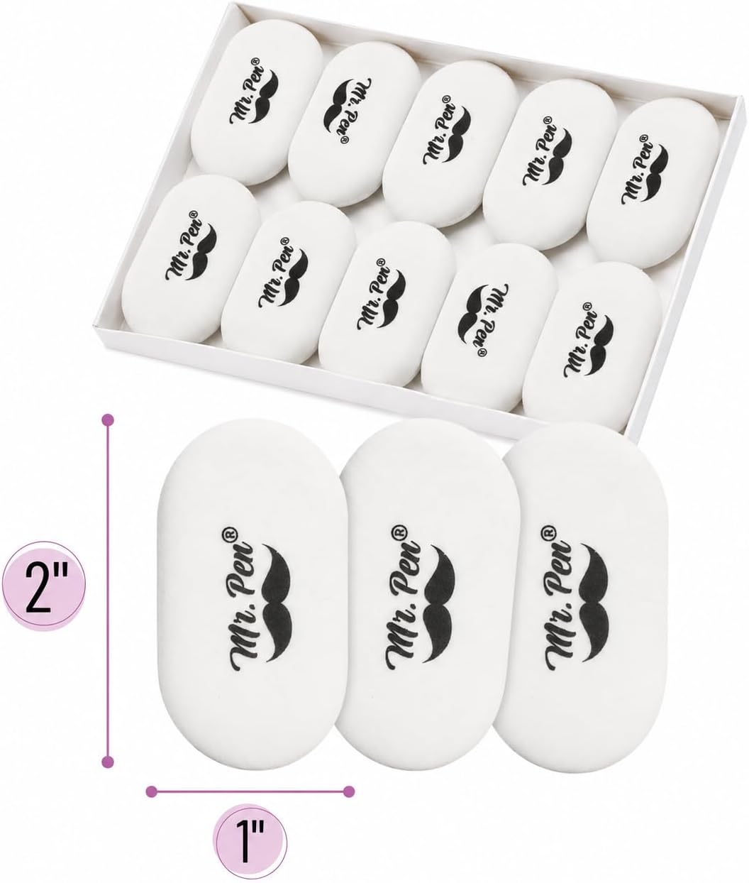 Mr. Pen- White Oval Pencil Erasers, 10 Pack, 1" x 2", Soft Rubber White Pencil Erasers for School, Office, Art Sketching, Homework, Exams, Clean Smudge-Free Correction