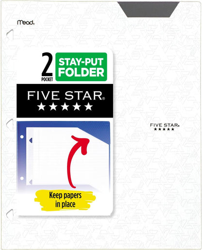 Five Star 2-Pocket Folder, Plastic Folder with Stay-Put Tabs, Fits 3-Ring Binder, Holds 8-1/2" x 11" Paper, White (333420I-ECM)