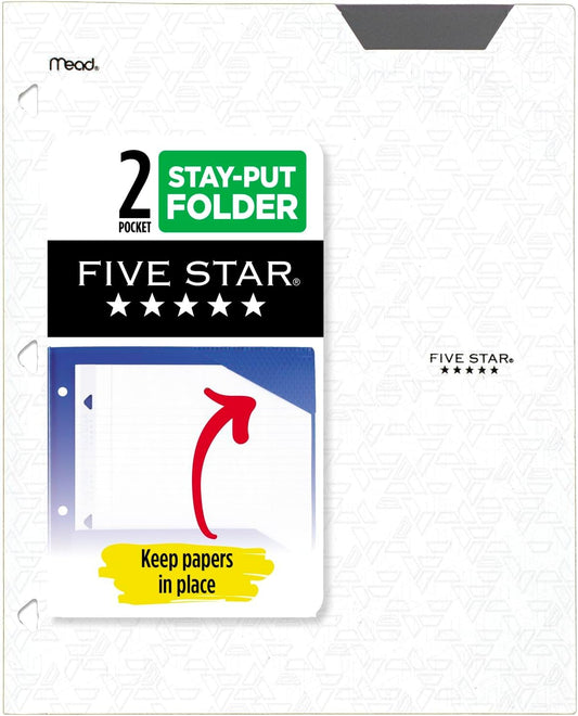 Five Star 2-Pocket Folder, Plastic Folder with Stay-Put Tabs, Fits 3-Ring Binder, Holds 8-1/2" x 11" Paper, White (333420I-ECM)