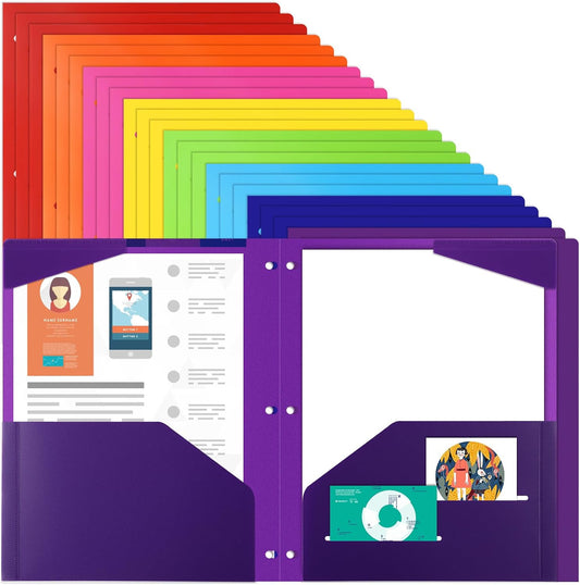 EOOUT Plastic Folders 24pcs with Pockets 3 Hole Punched for 3 Ring Binder Poly Pocket Folders with 2 Pockets 8 Assorted Colors Heavy Duty File Folders for School and Office Letter Size