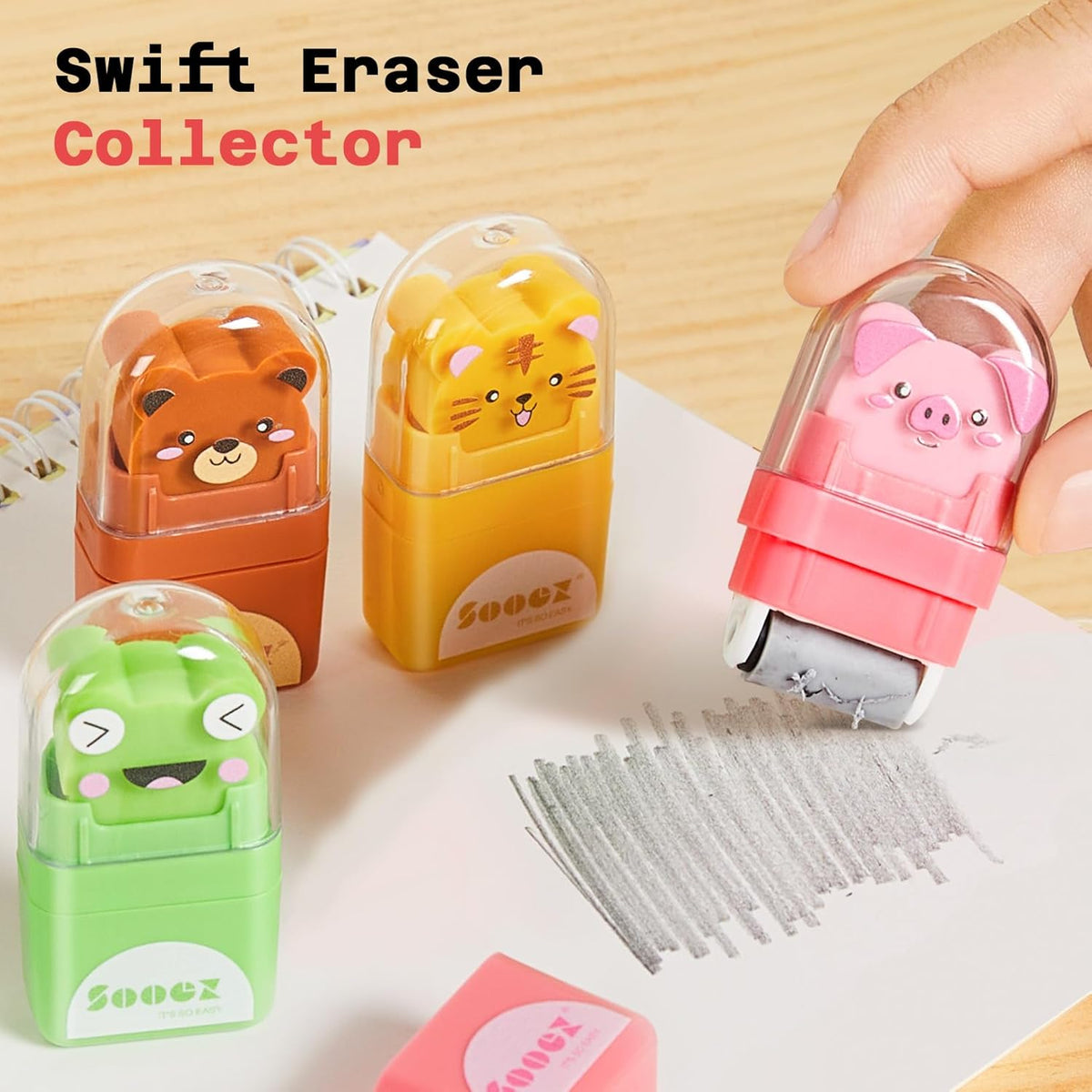 Sooez 12 Pack Pencil Erasers, Cute Animal Eraser with Clean Up Roller