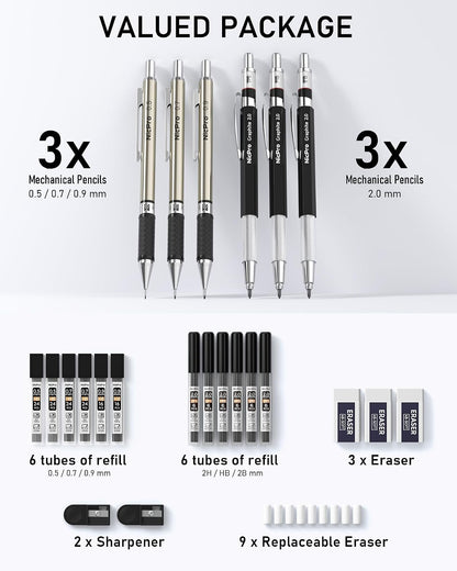 Nicpro 6PCS Art Mechanical Pencil Set, 0.5/0.7/0.9/2mm Point
