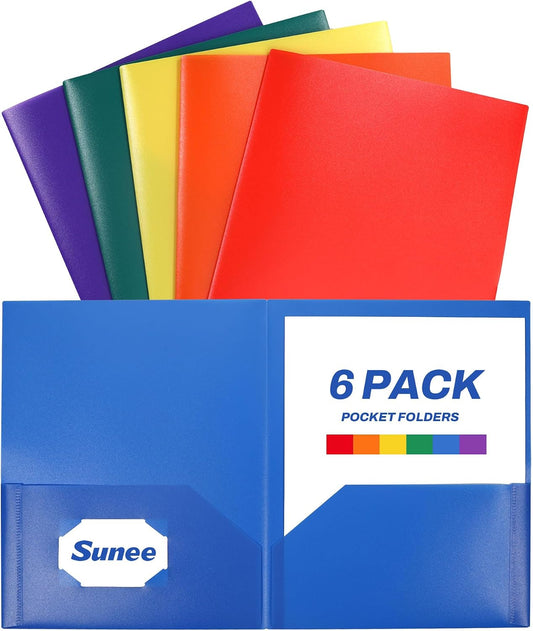 SUNEE Folders with Pockets (6 Pack, Assorted Colors), Plastic Folders with Pocket, Poly Folder for Documents Letter Size, 2 Pocket Folder for Kids, Home, School, Office