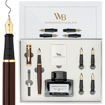 Wordsworth & Black Luxury Fountain Pen Set for Writing, 6 Nibs, Black Rose
