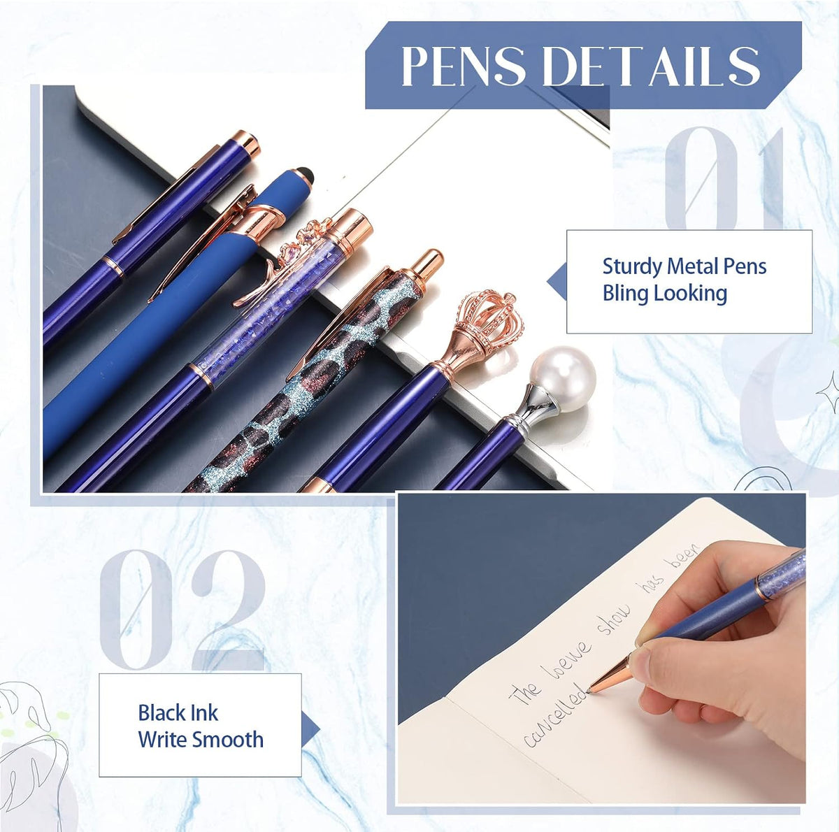 Janmini 9pcs Fancy Ballpoint Pens Glitter Journaling, Dark Blue