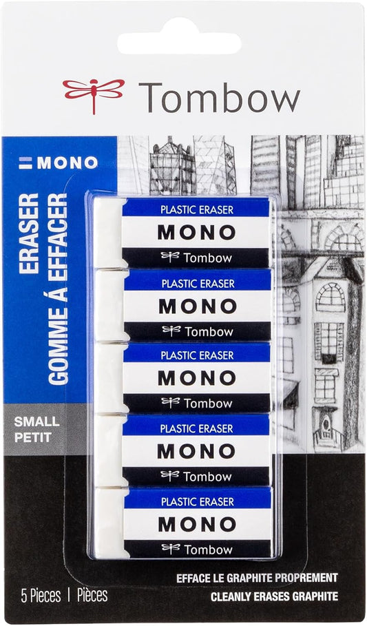 Tombow 57321 MONO Eraser, White, Small, 5-Pack. Cleanly Removes Marks