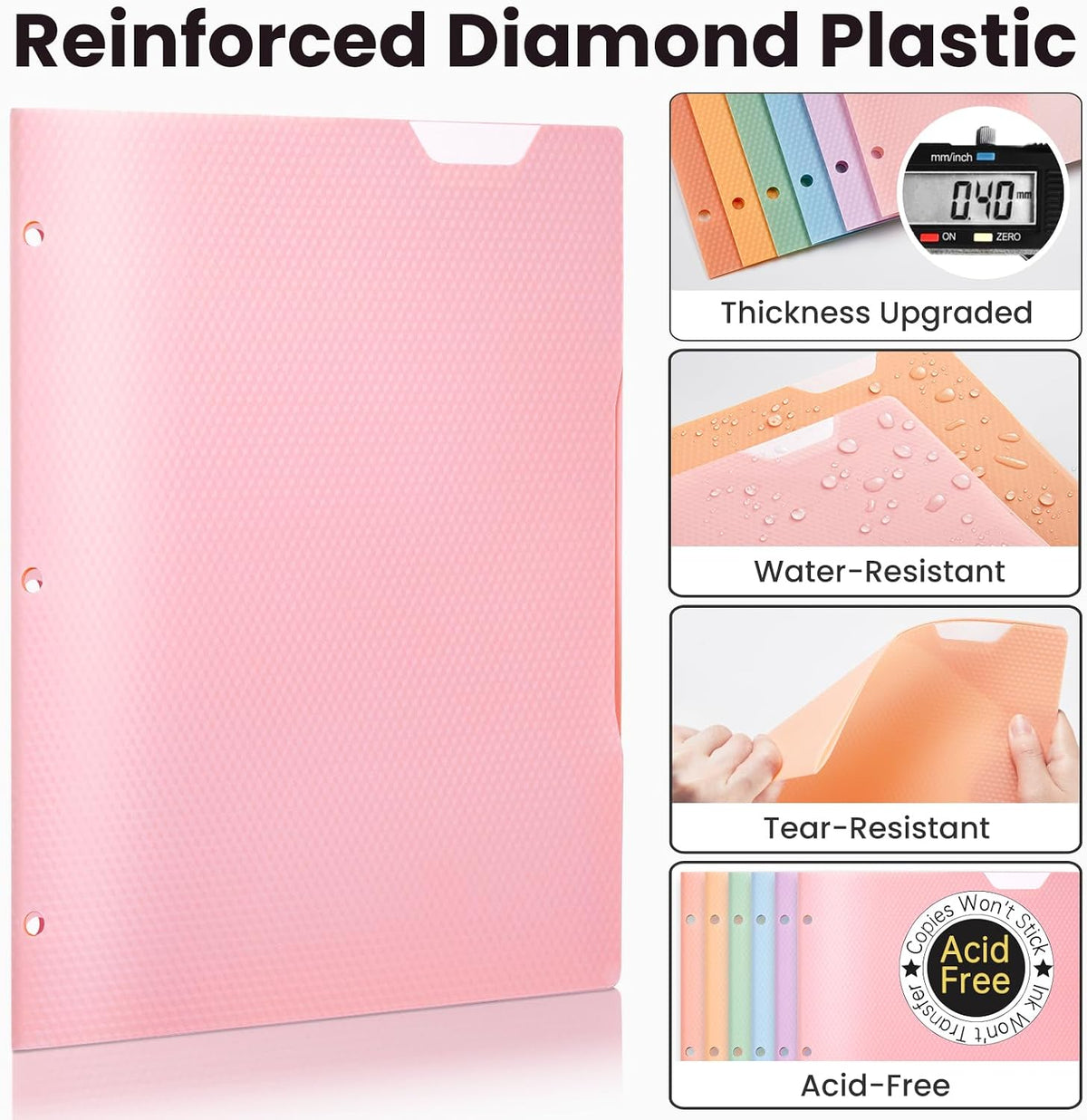 Sooez 6 Pack Plastic Folders with Pockets, Heavy Duty, Fits 3-Ring Binder