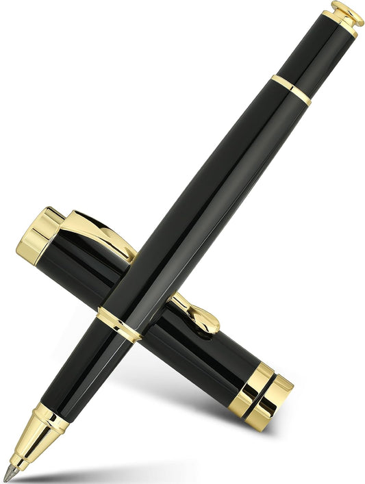 BEILUNER Rollerball Pen Set, Stunning Black Chrome Metal Pen with Gold Trim