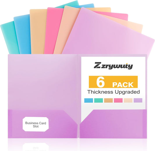 Zzrywuty Plastic Folders with Pockets 6 Pack, Heavy Duty 2-Pocket File Folders with Business Card Slot, Pastel Colors, Letter Size for Schoolwork & Office