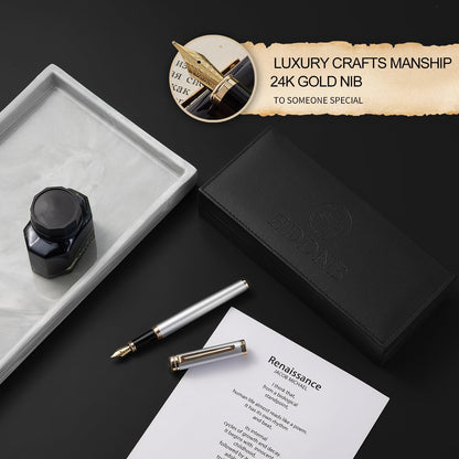 Silver Luxury Fountain Pen Set for Men and Women with Gift Box, 24K Gold Finish and Gilded Nib(Extra Fine)