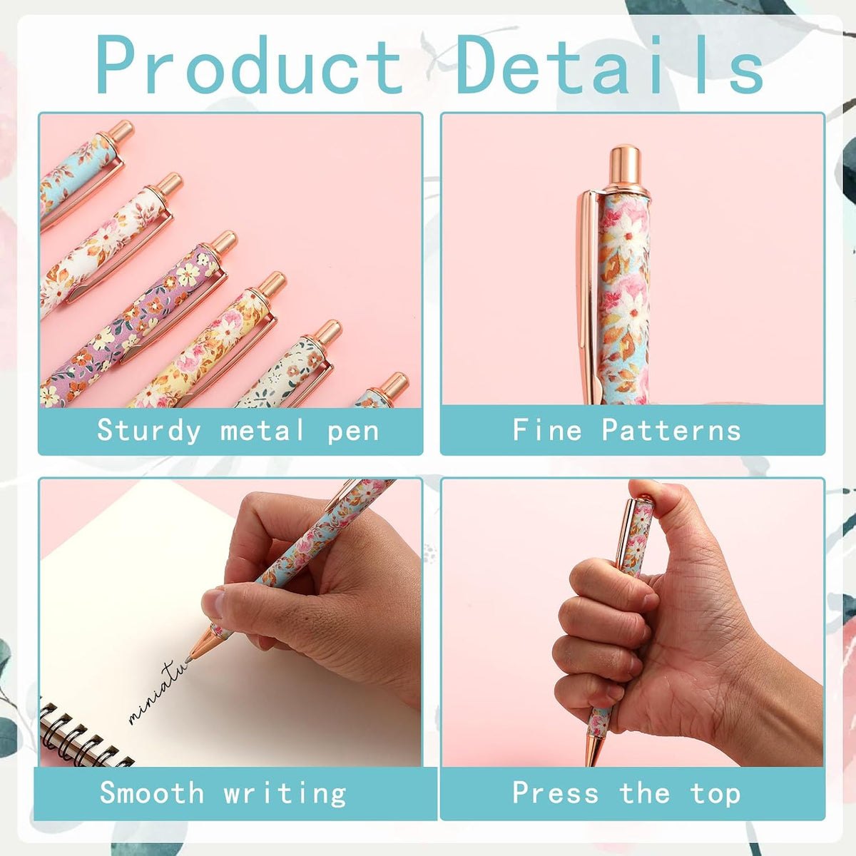 TIESOME 6pcs Floral Art Ballpoint Pens, 1.0mm Fashionable Retractable Ballpoint Pen Black Ballpoint Personalized Pens, Suitable for Women, Colleagues, Teachers, Students Gifts(color2)