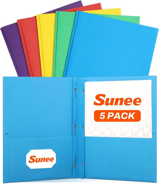 SUNEE Folders with Prongs, 5 Pack Paper Pocket Folders, Folders with Pockets and Prongs Fit Letter Size Paper, 5 Assorted Colors for School Office Home Business