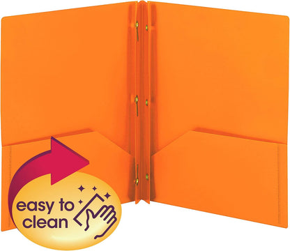 Smead Plastic 2 Pocket Folders with Pockets & Prongs, Orange 3 Pack