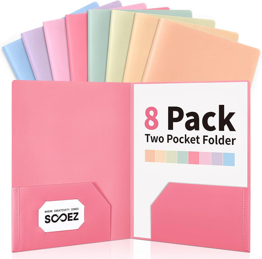 Sooez 8 Pack File Folders with Pockets, Plastic 2 Pocket Folder, Pastels