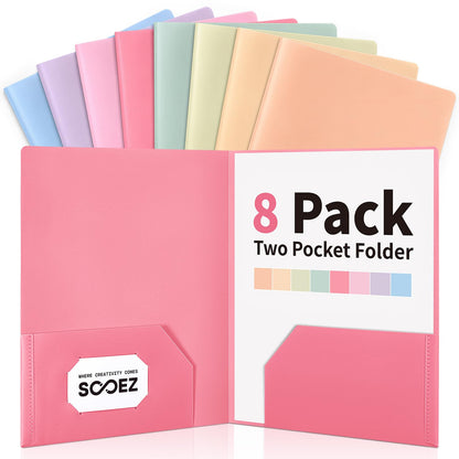 Sooez 8 Pack File Folders with Pockets, Plastic 2 Pocket Folder, Pastels