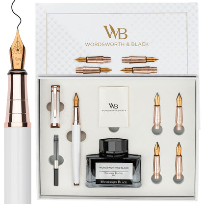 Wordsworth & Black Luxury Fountain Pen Set for Writing, 6 Nibs, Black Rose