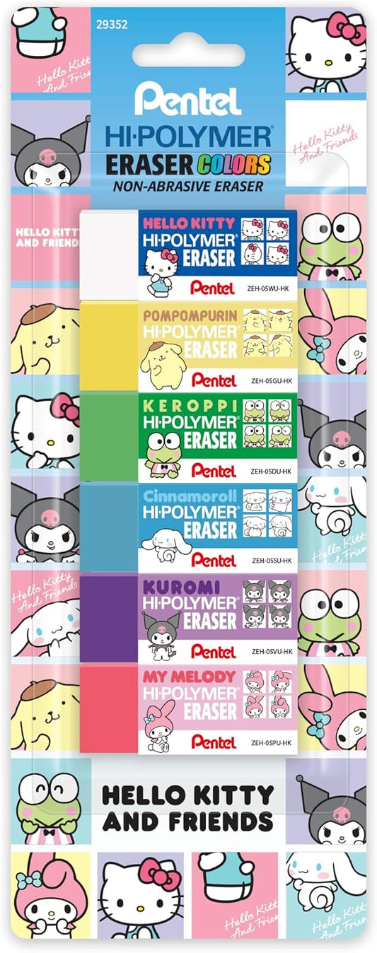 Pentel Hi-Polymer Block Eraser Colors, Hello Kitty® and Friends, Limited Edition, Small Block, Assorted Colors, 6-Pk