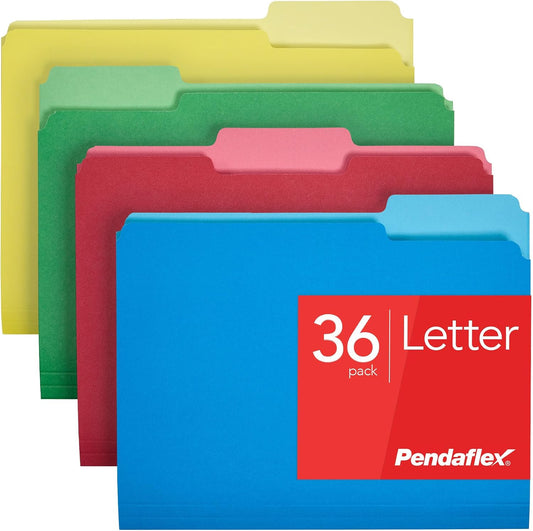 Pendaflex Colored File Folders, 36 Pack, Letter Size (8.5" x 11"), 3 Tabs, Durable Paper, Assorted Colors: Green, Yellow, Red & Blue, Color-Coding for School, Office & Home Document Organization