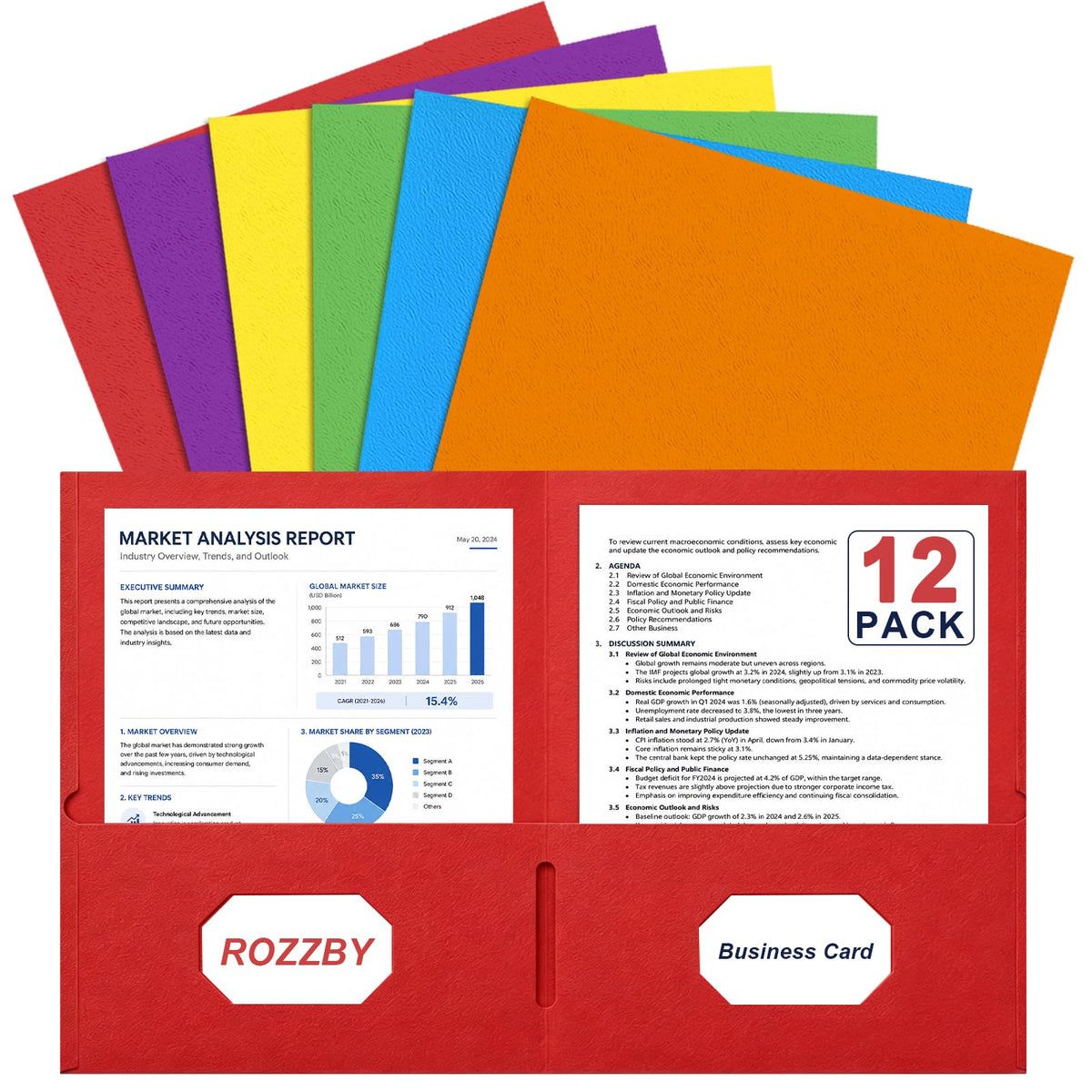 Plastic Folders with Pockets, 6 Rainbow Colors, 2 Pocket, Letter Size