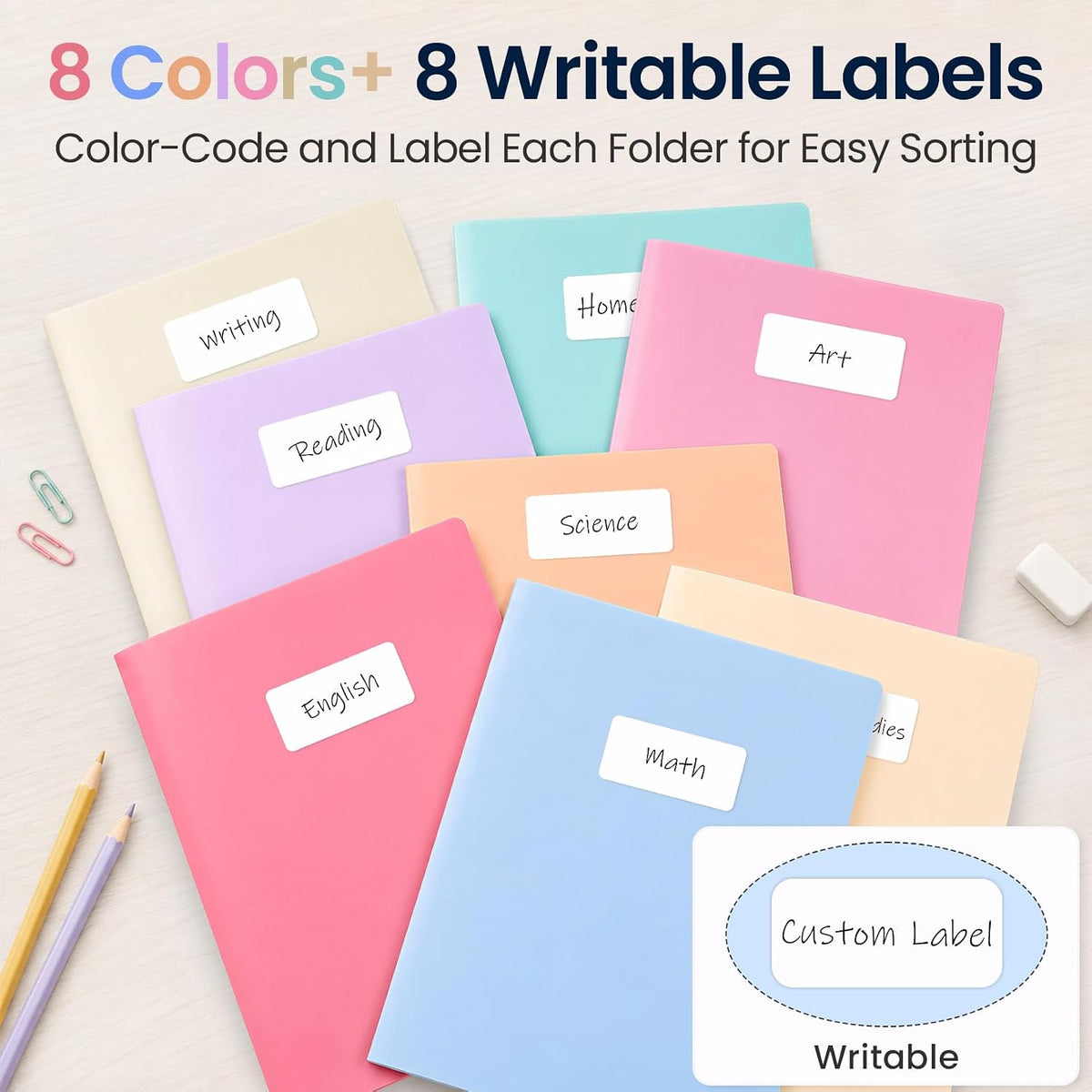 Sooez 8 Pack File Folders with Pockets, Plastic 2 Pocket Folder, Pastels