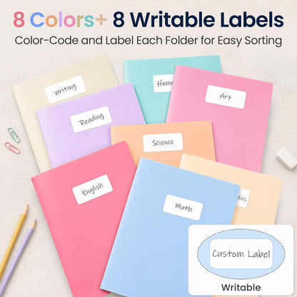 Sooez 8 Pack File Folders with Pockets, Plastic 2 Pocket Folder, Pastels