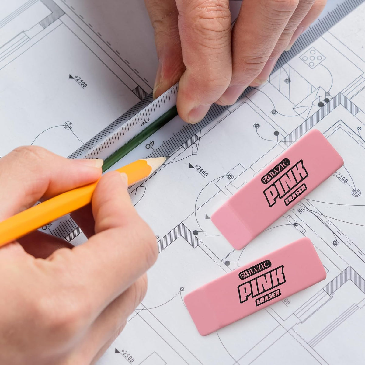 BAZIC Products Pink Bevel Block Erasers, Latex-Free, 4 Count