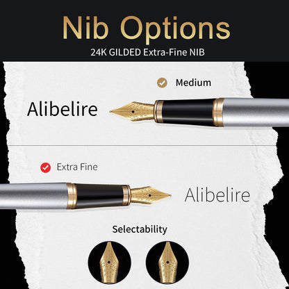 Silver Luxury Fountain Pen Set for Men and Women with Gift Box, 24K Gold Finish and Gilded Nib(Extra Fine)