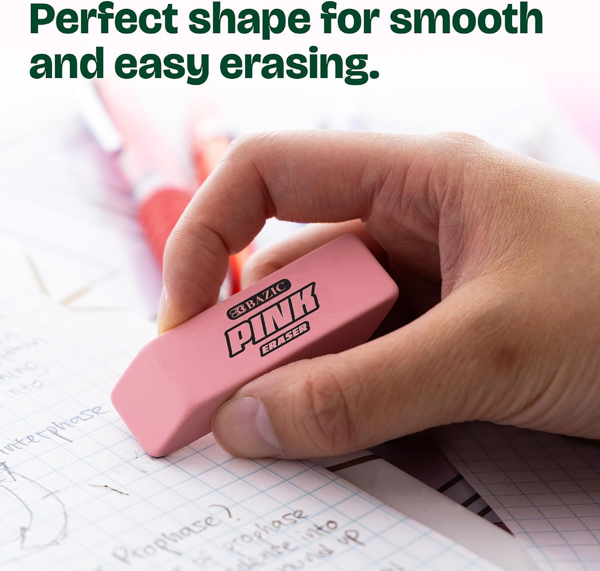 BAZIC Products Pink Bevel Block Erasers, Latex-Free, 4 Count