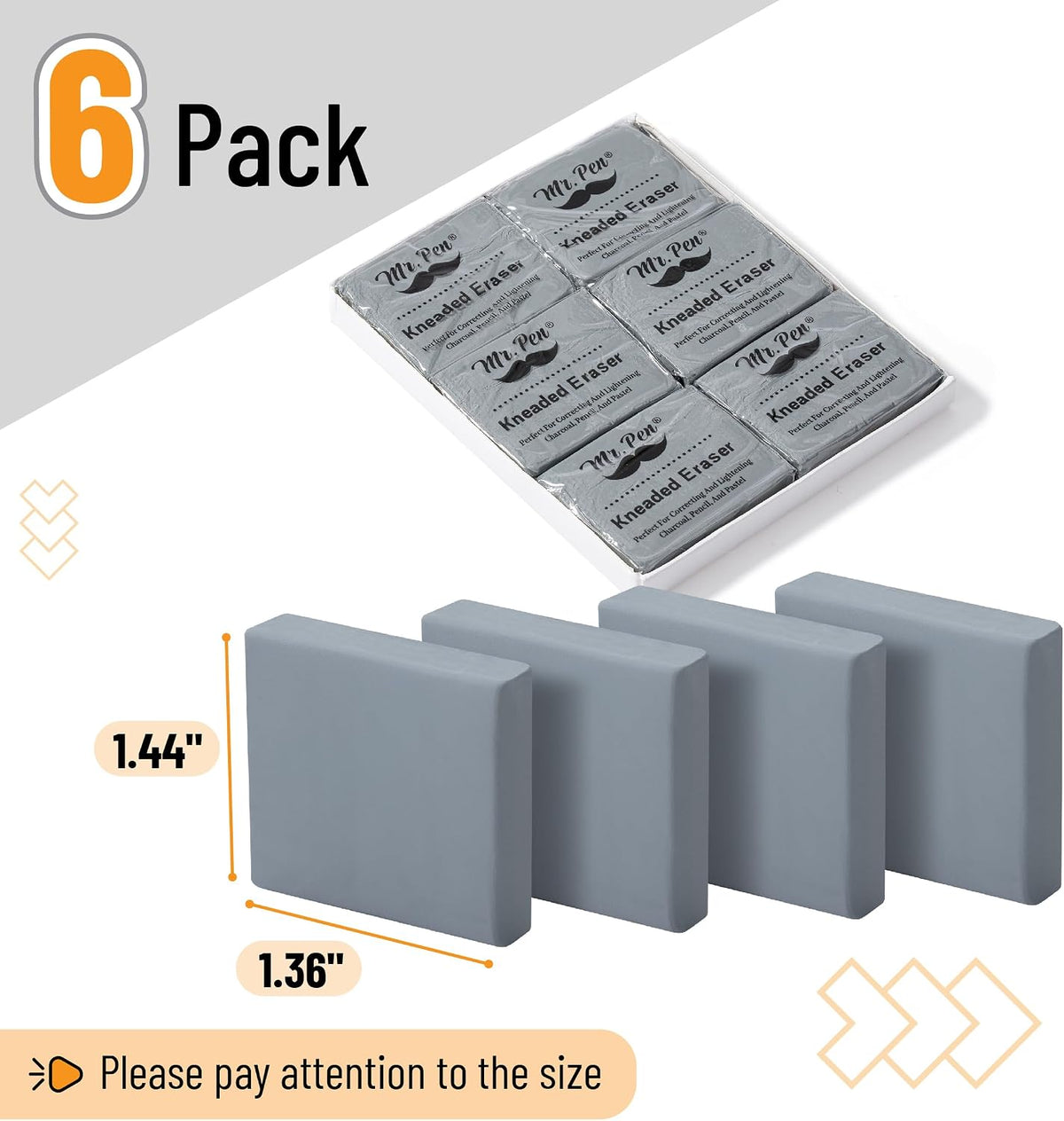 Mr. Pen- Kneaded Erasers, 1.44" x 1.36", 6 Pack, Gray