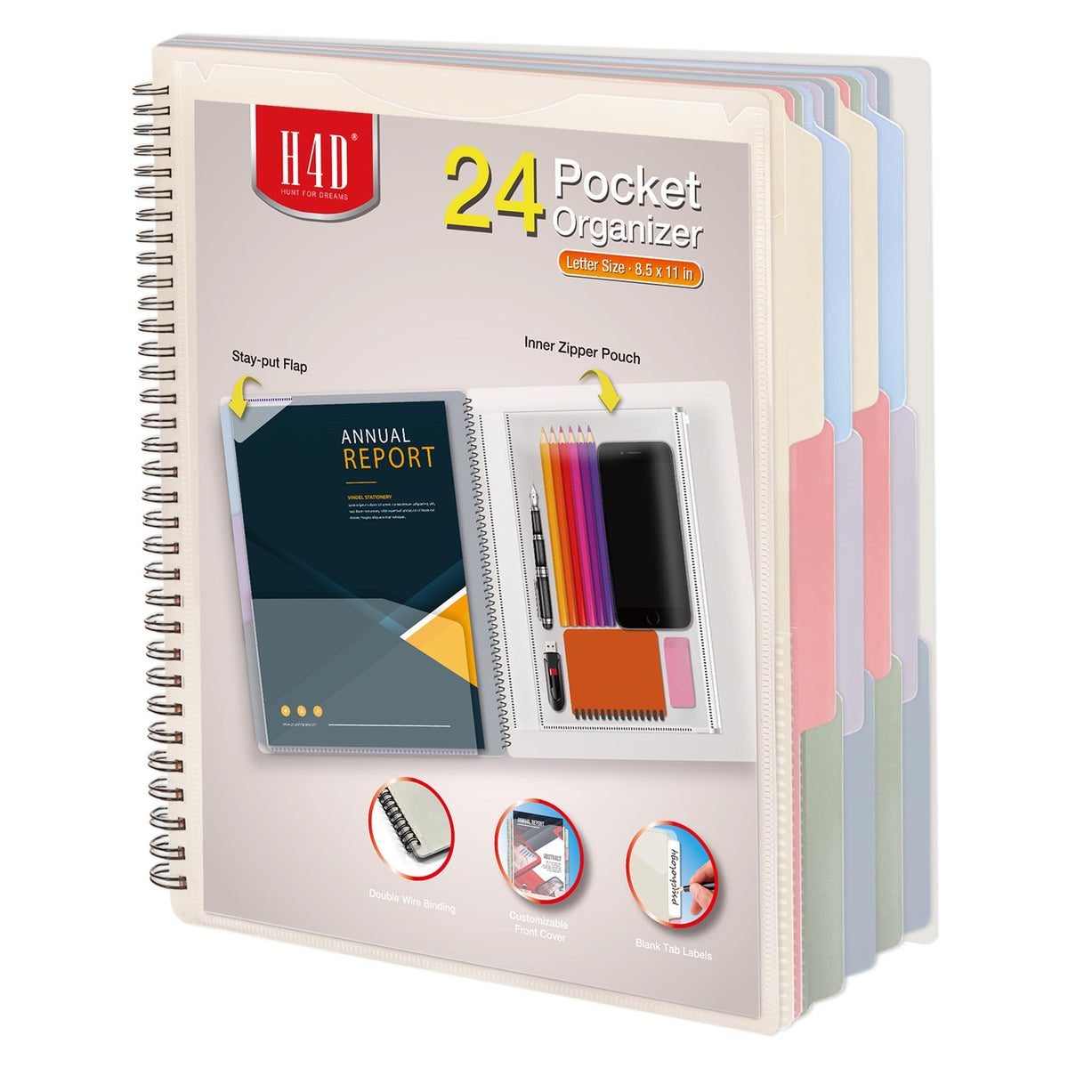 H4D 12 Pocket Poly Project Organizer, Multi Pocket Folder, Primary Colors