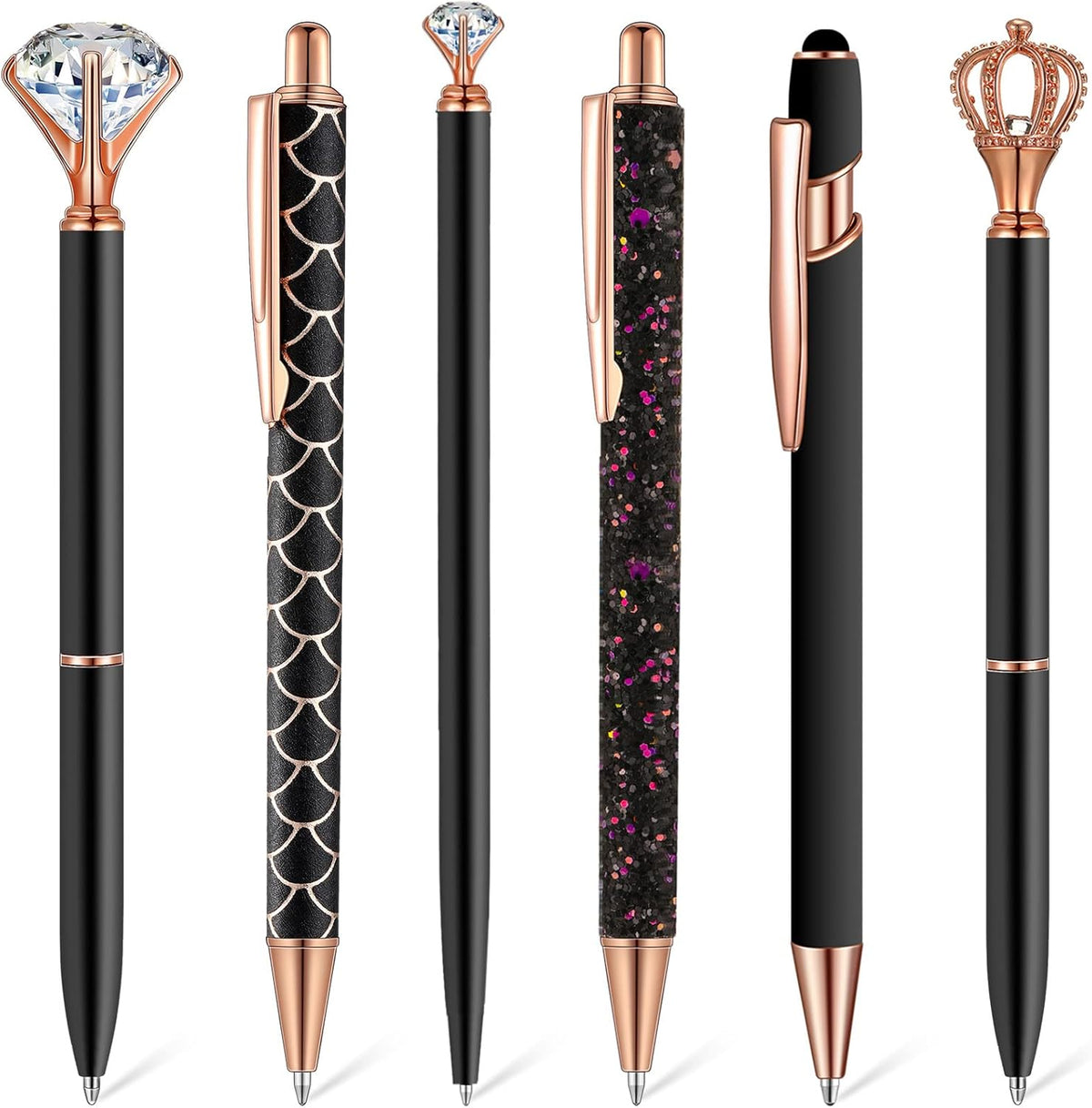 Qeeenar 6 Pcs Fancy Ballpoint Pens Glitter Metal Pens, Black