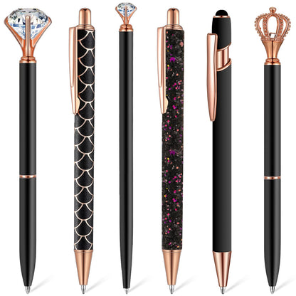 Qeeenar 6 Pcs Fancy Ballpoint Pens Glitter Metal Pens, Black