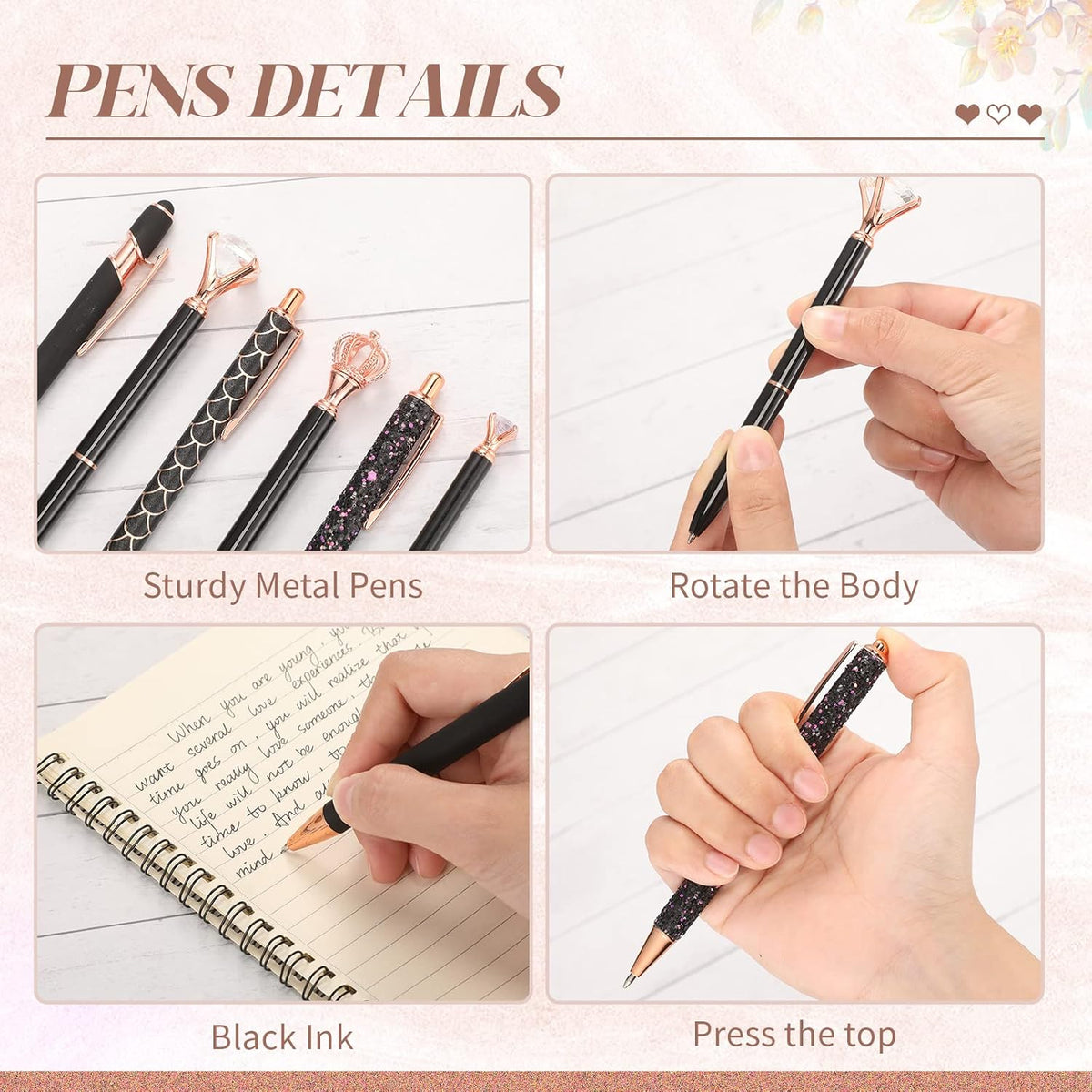 Qeeenar 6 Pcs Fancy Ballpoint Pens Glitter Metal Pens, Black