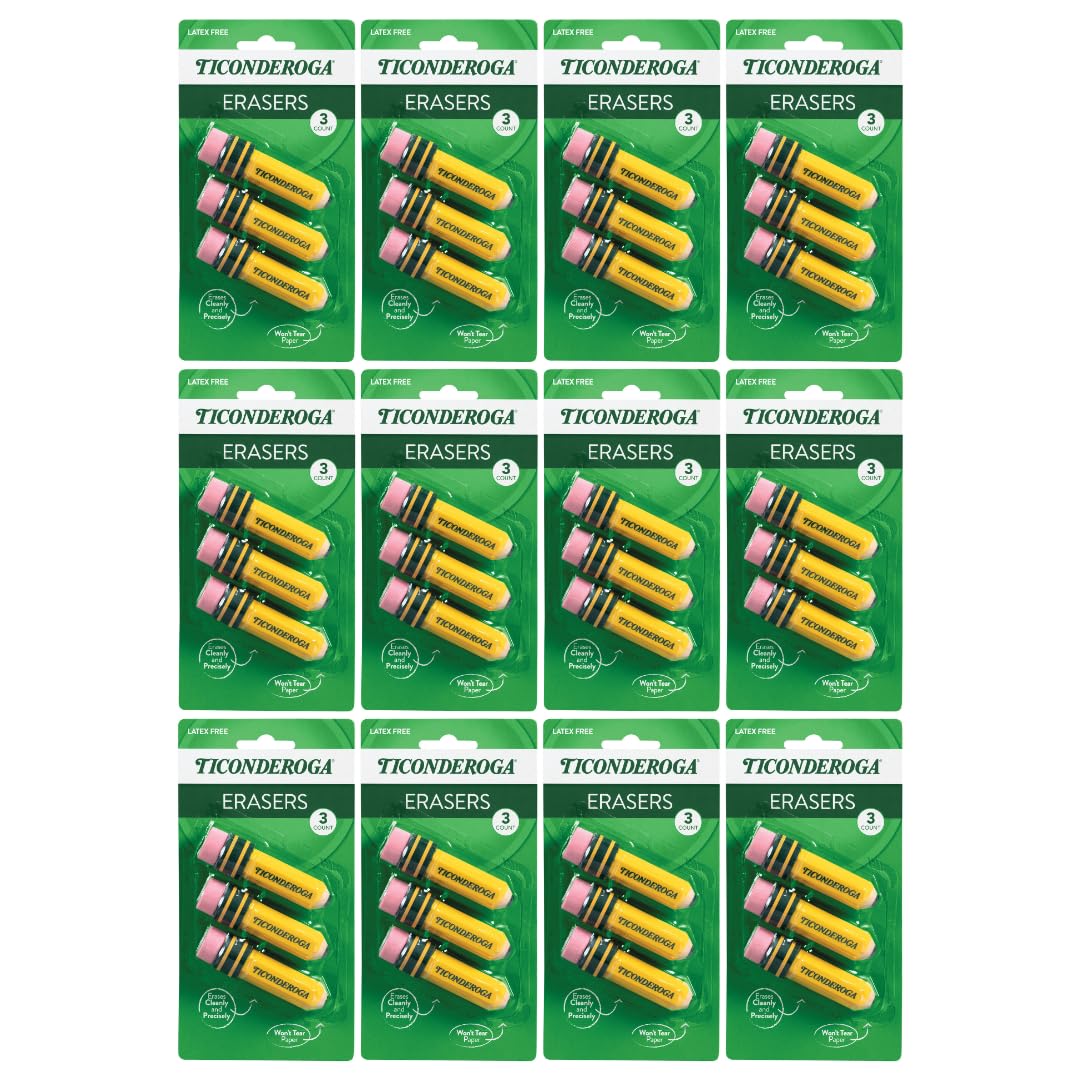 Ticonderoga Pencil Shaped Erasers, Yellow, 3 Count