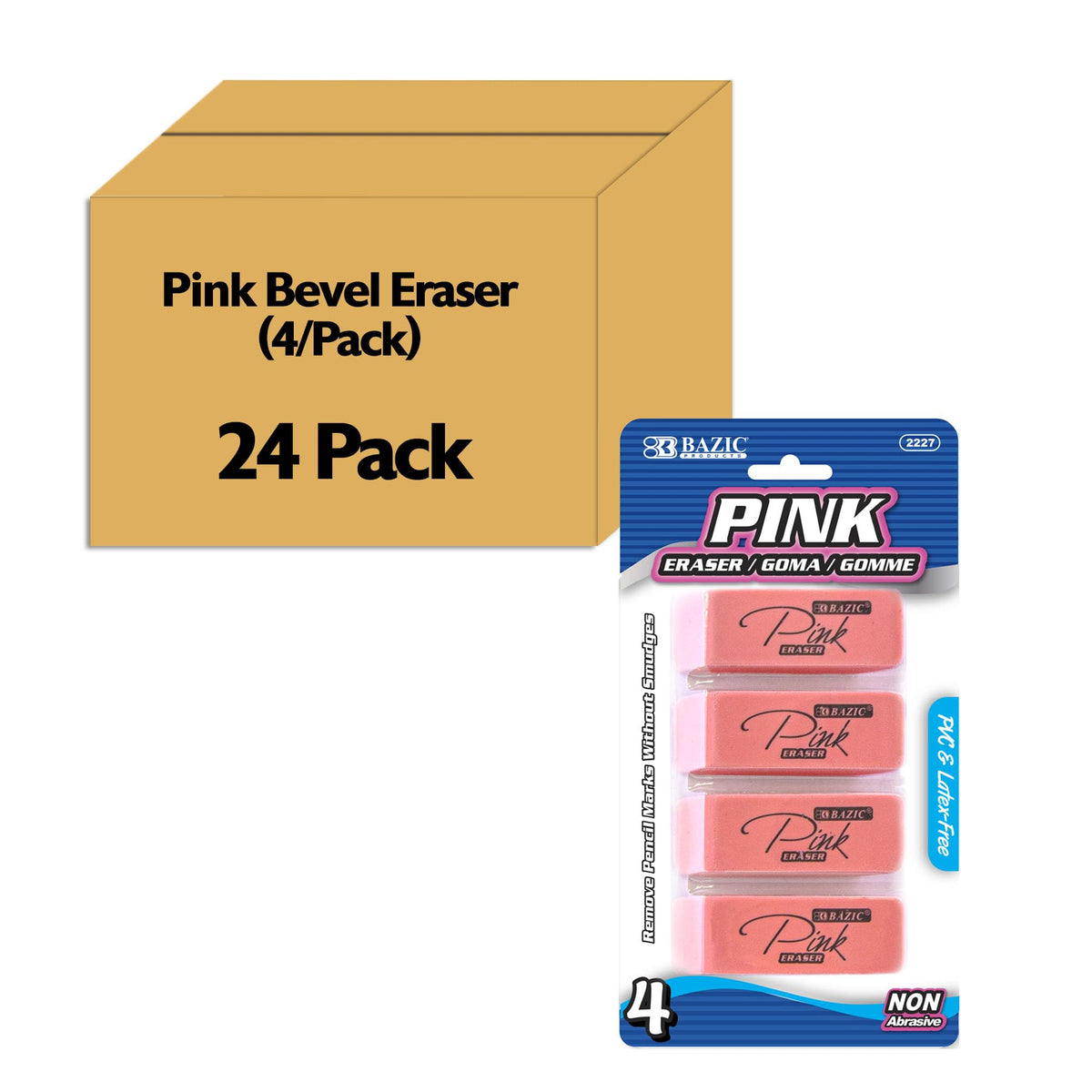 BAZIC Products Pink Bevel Block Erasers, Latex-Free, 4 Count