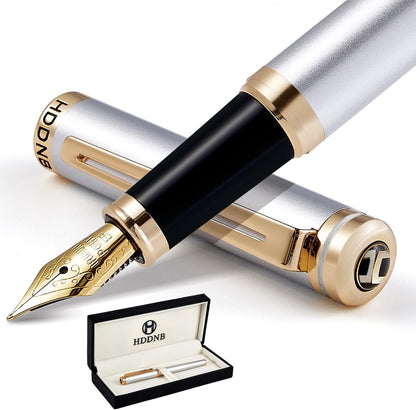 Silver Luxury Fountain Pen Set for Men and Women with Gift Box, 24K Gold Finish and Gilded Nib(Extra Fine)