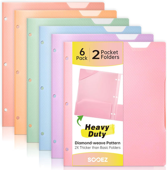 Sooez 6 Pack Plastic Folders with Pockets, Heavy Duty, Fits 3-Ring Binder