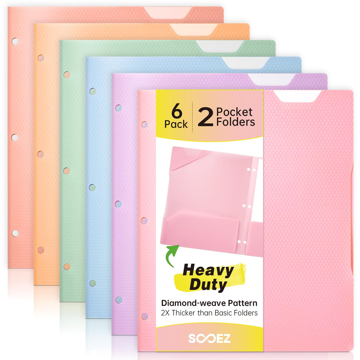 Sooez 6 Pack Plastic Folders with Pockets, Heavy Duty, Fits 3-Ring Binder