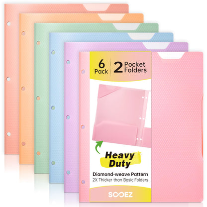 Sooez 6 Pack Plastic Folders with Pockets, Heavy Duty, Fits 3-Ring Binder