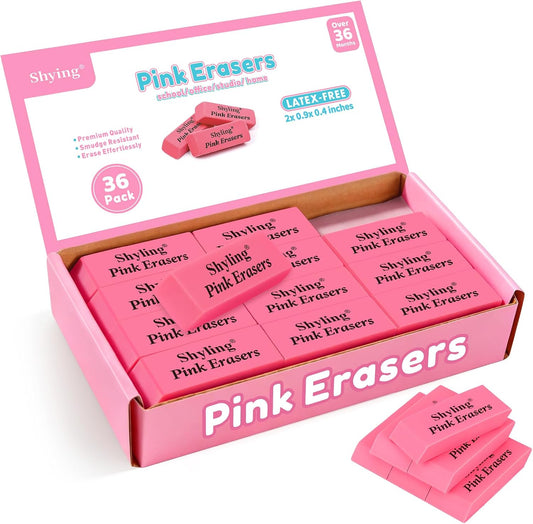 36 Pack Pink Erasers Bulk, Latex-Free Pencil Erasers for School, Office