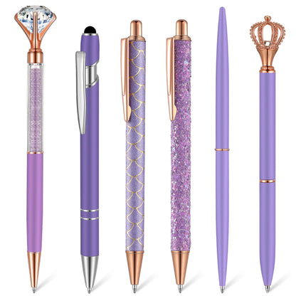 Qeeenar 6 Pcs Fancy Ballpoint Pens Glitter Metal Pens, Black
