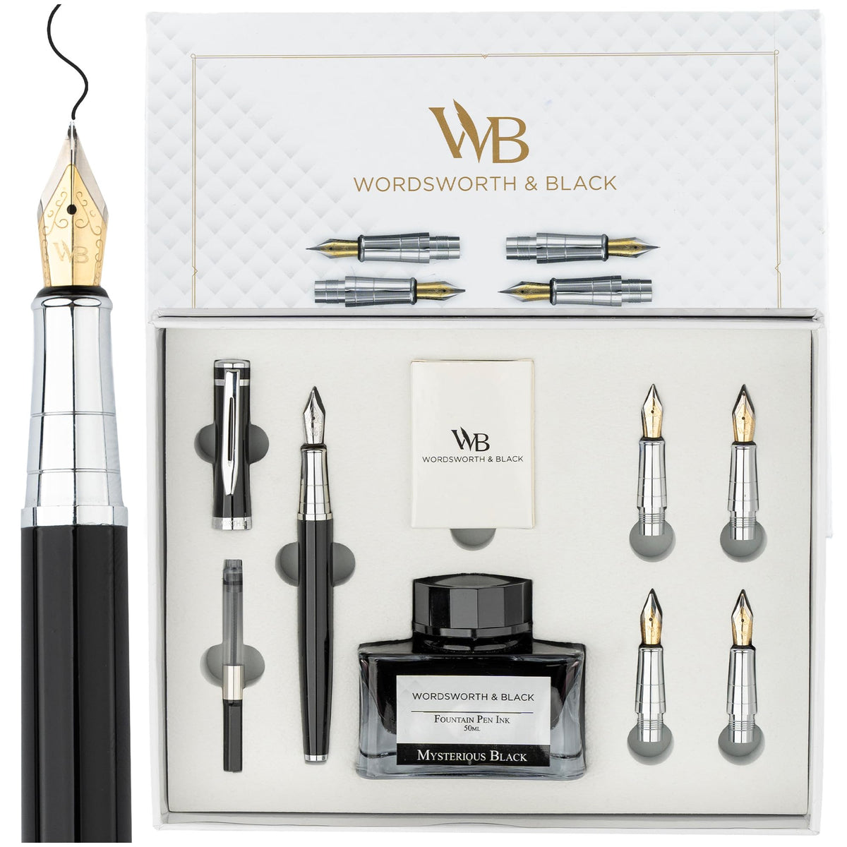 Wordsworth & Black Luxury Fountain Pen Set for Writing, 6 Nibs, Black Rose