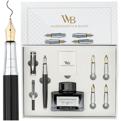 Wordsworth & Black Luxury Fountain Pen Set for Writing, 6 Nibs, Black Rose