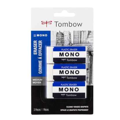 Tombow 57324 MONO Eraser, White, Medium, 3-Pack. Cleanly Removes Marks